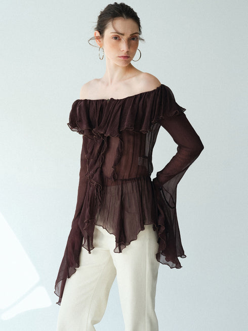 Cupro-Blend Ruffled V-Neck Blouse – Sheer Crinkled Bell-Sleeve Romantic Top