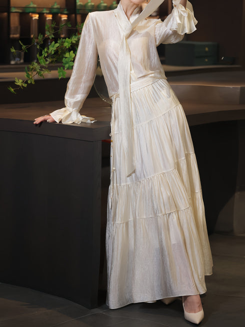 Elegant Tie-Neck Petal Sleeve Blouse & Flowing A-Line Maxi Skirt Set – Luxury Acetate Two‑Piece Ensemble