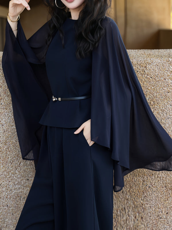 Designer Cape-Sleeve Sheer Panel Top & Wide-Leg Pants Set – Elegant Office Two‑Piece Suit