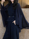 Designer Cape-Sleeve Sheer Panel Top & Wide-Leg Pants Set – Elegant Office Two‑Piece Suit