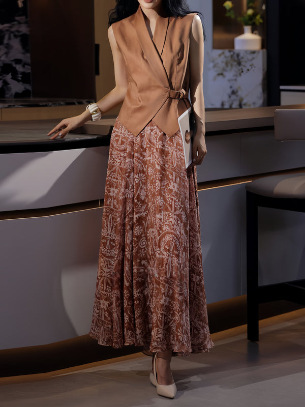 Women's Tailored Wrap Vest & Printed Flowing Skirt Set – Elegant Spring Summer Office Two‑Piece Outfit