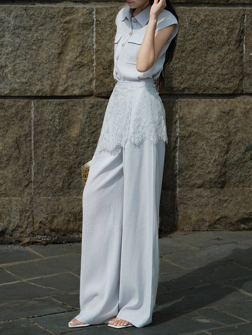 Old Money Relaxed Sleeveless Vest & Lace Overlay High‑Waisted Wide‑Leg Pants Three‑Piece Set