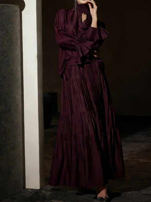 Elegant Tie-Neck Petal Sleeve Blouse & Flowing A-Line Maxi Skirt Set – Luxury Acetate Two‑Piece Ensemble