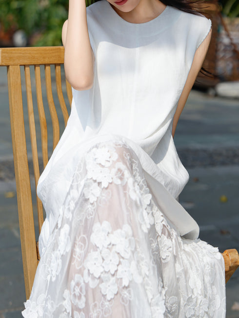 Minimalist Linen & Floral Lace Patchwork Midi Dress – Elegant Sleeveless Summer Dress