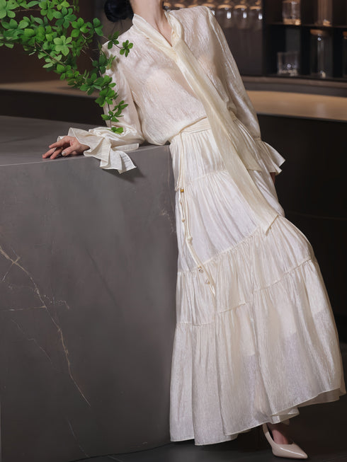 Elegant Tie-Neck Petal Sleeve Blouse & Flowing A-Line Maxi Skirt Set – Luxury Acetate Two‑Piece Ensemble