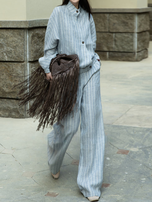 Striped Linen-Cotton Relaxed Shirt & Wide-Leg Pants Set – Minimal Stand Collar Lounge Suit