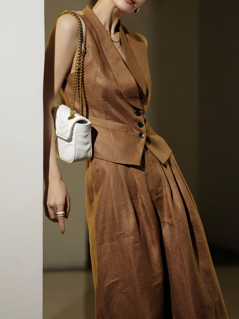 Vintage Linen Tailored Vest & Wide‑Leg Pants Set – Back Print Designer Two‑Piece Suit