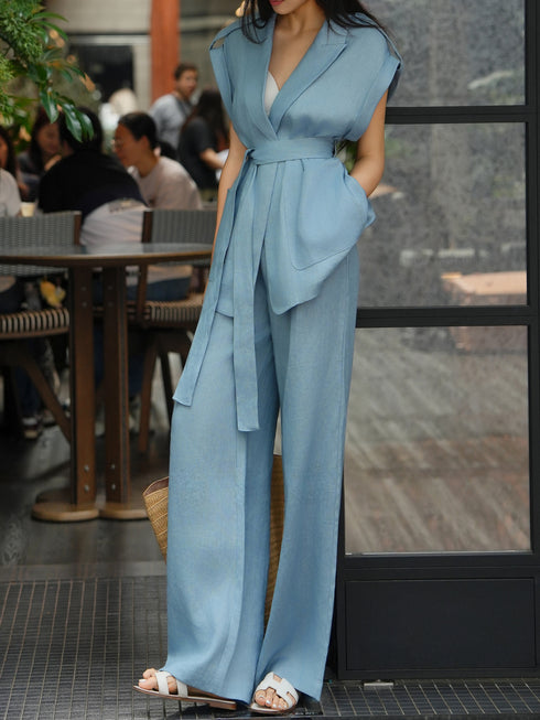 100% Linen Belted Vest & Wide-Leg Pants Set – Relaxed Tailored Summer Suit