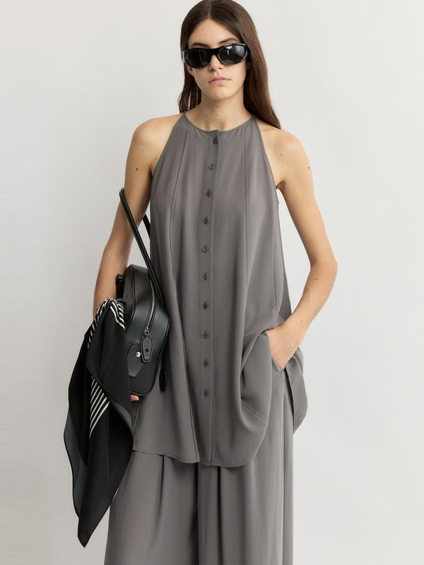Luxury Acetate Sheer Pleated Top & Wide-Leg Pants Set – Quiet Luxury Fluid Resort Ensemble