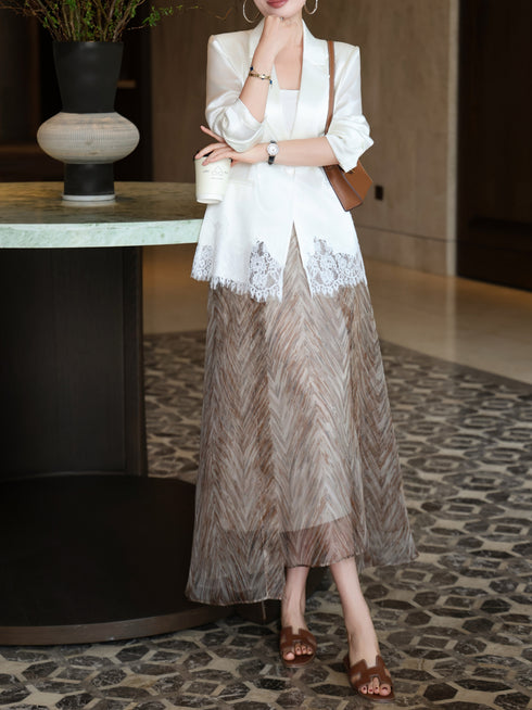 Luxury White Acetate Lace-Trim Blazer – Elegant Tailored Women’s Statement Jacket