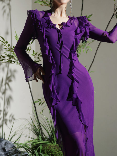Ruffled Mulberry Silk Maxi Dress – Elegant Waist-Cinching Sheer Long Sleeve Summer Dress