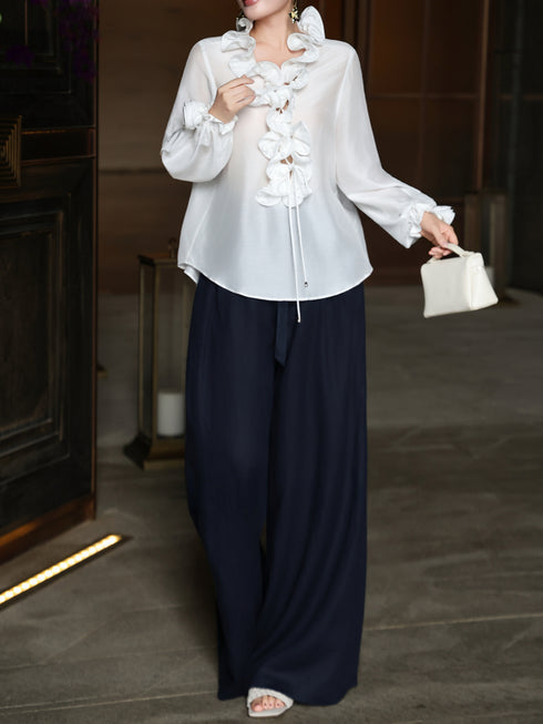 Romantic White V‑Neck Ruffle Tie Blouse – Sculpted Rose Trim Long Sleeve Vintage Shirt