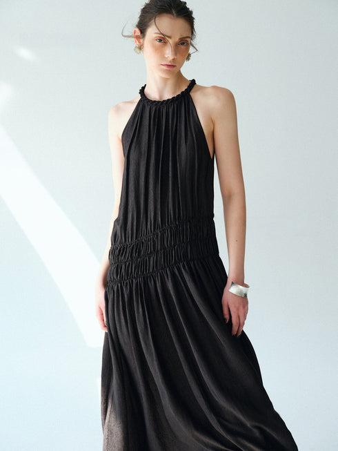 Pearlescent Acetate Braided Halter Maxi Dress – Hand-Smoked Sleeveless Resort Gown