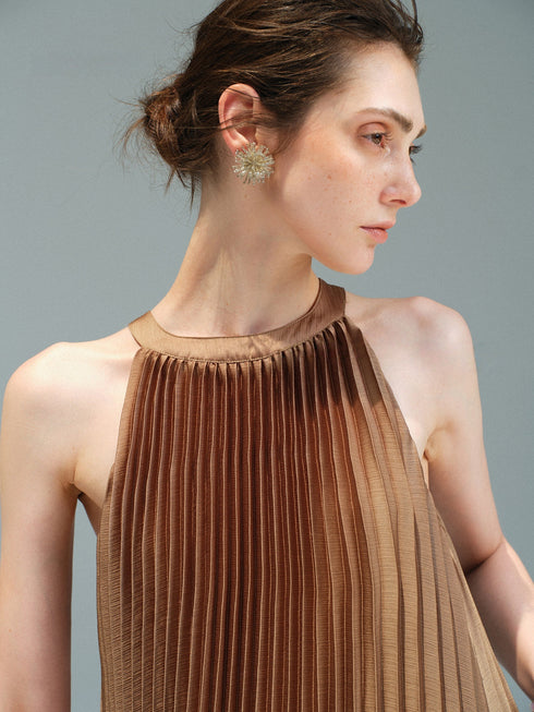 Couture Pleated Halter Neck Maxi Dress – Sleeveless Resort Vacation Dress
