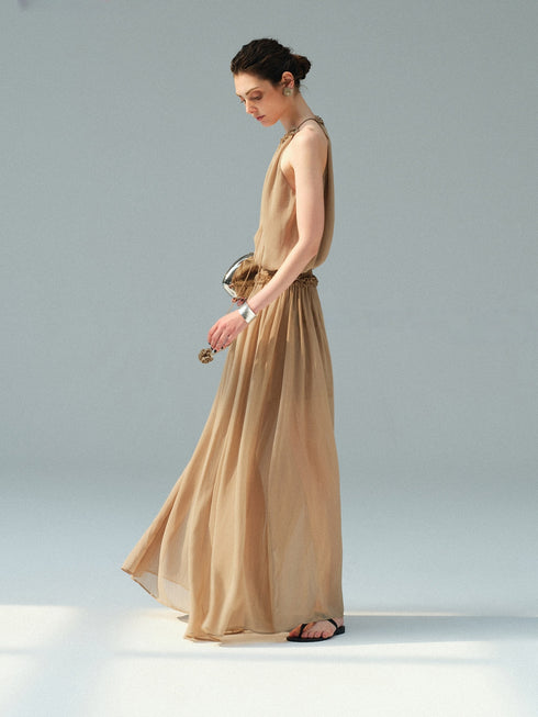 French Ruffle Halter Chiffon Maxi Dress – Pleated Tie-Neck Sleeveless Flowing Dress