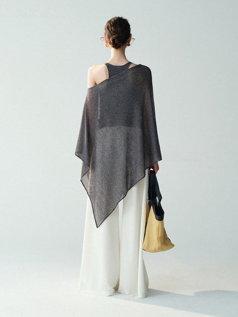Linen-Blend Sheer Asymmetric Knit Cape – Multi-Way Lightweight Draped Poncho