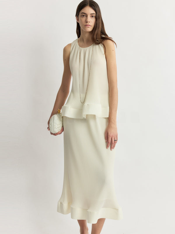 Miyake-Inspired Pleated Petal Sleeveless Top & Midi Skirt Set – Vanilla Cream Sculptural Ensemble