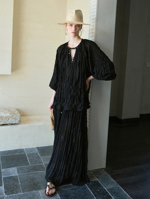 Sequin-Embellished French Pleated Chiffon Blouse – Ethereal Bohemian Sheer Goddess Top