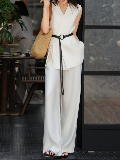 Minimalist Sleeveless V-Neck Tailored Vest & Wide-Leg Pants Set – Elegant Summer Belted Suit