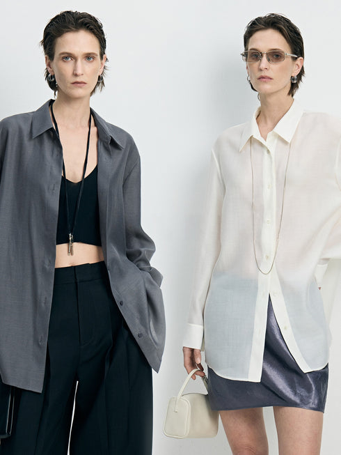 Sheer TENCEL Wool Relaxed Oversized Shirt - Luxe Lightweight Draped Blouse