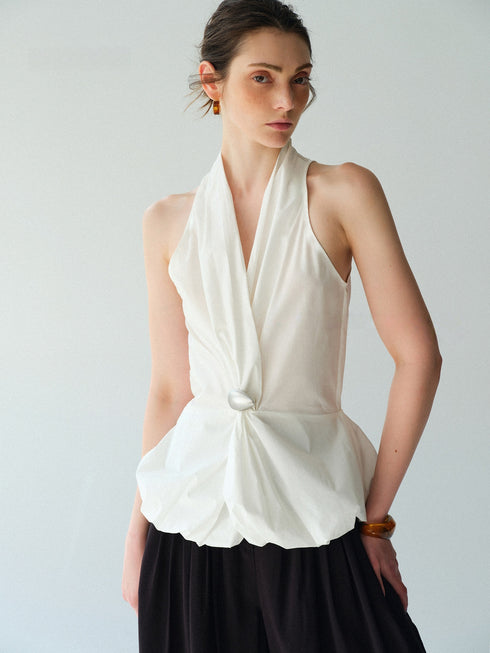 Cotton-Blend Halter Blouse with Sculptural Brooch – Irregular Knotted Waist Bubble-Hem Sleeveless Top