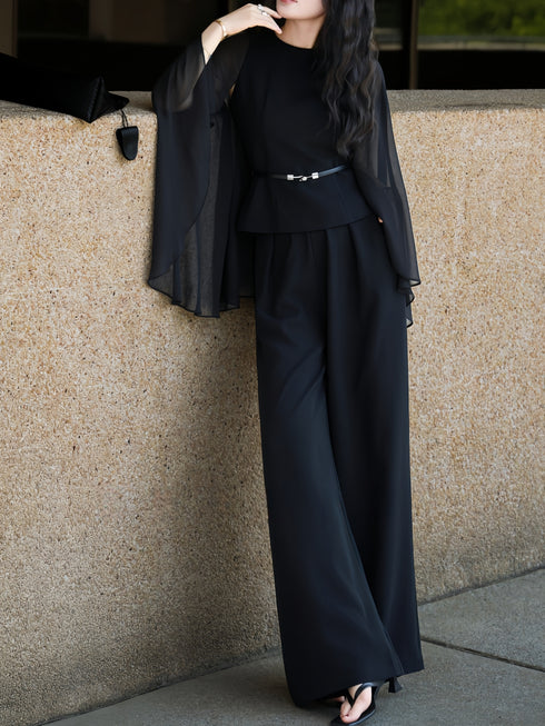 Designer Cape-Sleeve Sheer Panel Top & Wide-Leg Pants Set – Elegant Office Two‑Piece Suit