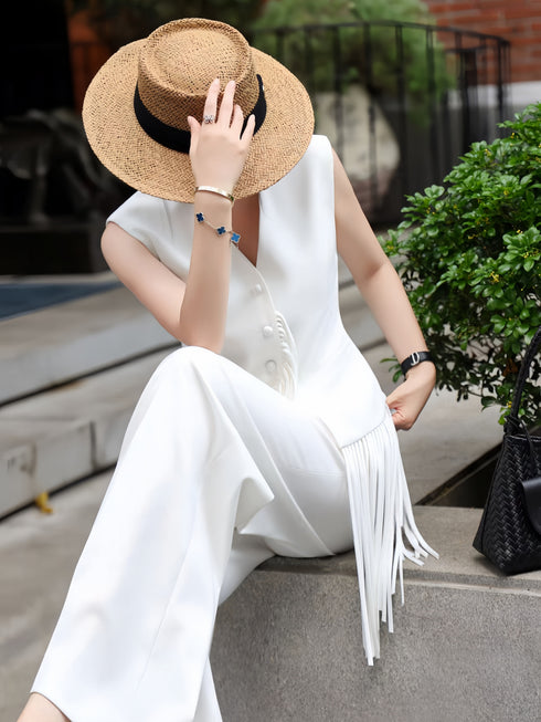 White Sculpted Fringe Vest & Wide-Leg Trousers Set – Minimalist Tailored Summer Two‑Piece
