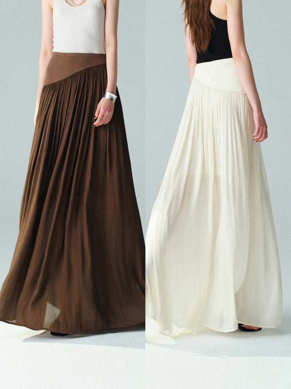 Pearlescent Island Silk Asymmetric Waist Bias-Cut Maxi Skirt – Fluid Pleated A-Line Silhouette