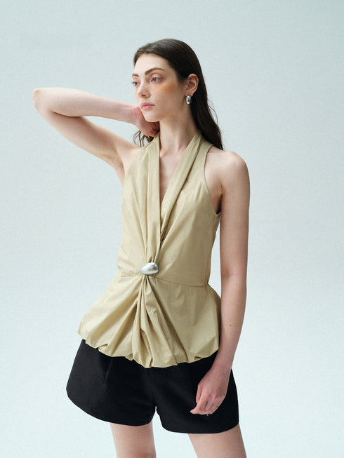 Cotton-Blend Halter Blouse with Sculptural Brooch – Irregular Knotted Waist Bubble-Hem Sleeveless Top