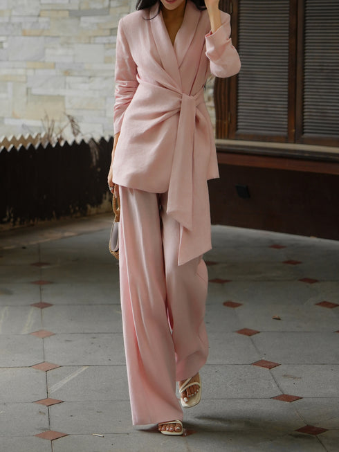 100% Linen Wrap Blazer & Wide-Leg Pants Set – Relaxed Old Money Tailored Suit