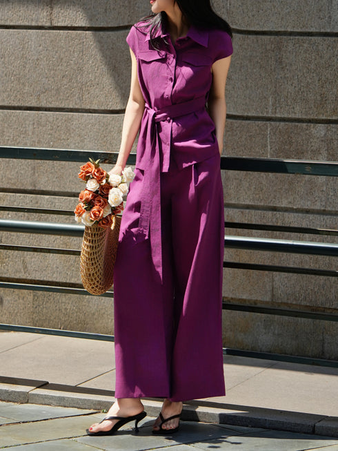 Tencel Linen Belted Vest & Wide-Leg Pants Set – Tailored Sleeveless Shirt and Relaxed Summer Suit