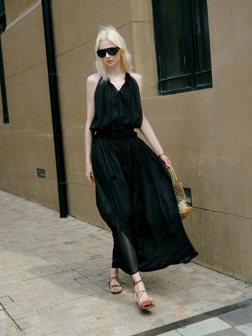French Ruffle Halter Chiffon Maxi Dress – Pleated Tie-Neck Sleeveless Flowing Dress