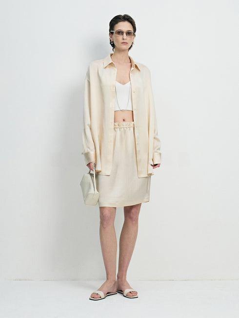 Wrinkle-Resistant Crinkled Acetate Shirt & Drawstring Skirt Set