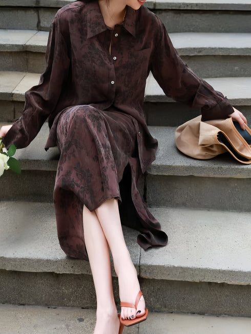 Vintage Jacquard Cupro Shirt & High-Waist Slit Skirt Set – Elegant Long Sleeve Blouse Two‑Piece