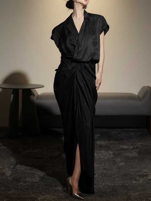 Hepburn-Inspired Black Draped Twist Midi Dress – French Elegant Asymmetric Waist Tie Dress