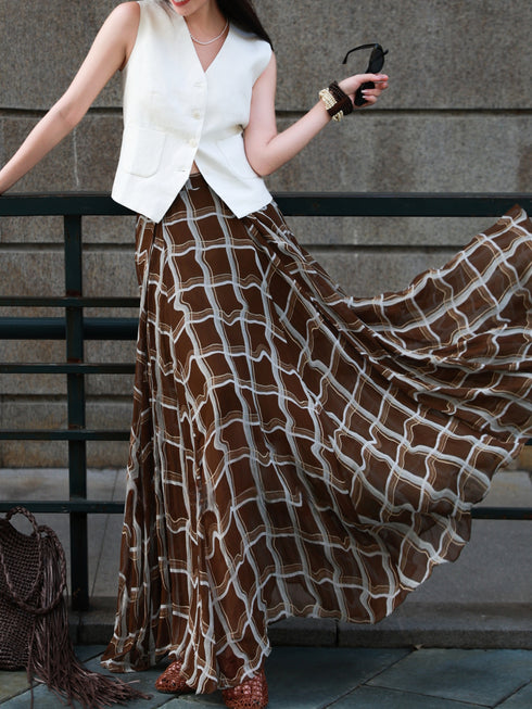 Old-Money Linen Vest & Tencel Plaid Maxi Skirt Set – Effortless Summer Resort Two‑Piece