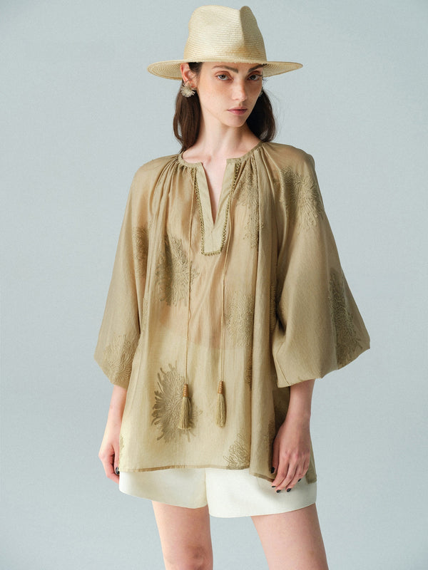 Heavy Embroidered Lyocell V-Neck Blouse – Lantern Sleeve Tassel Top