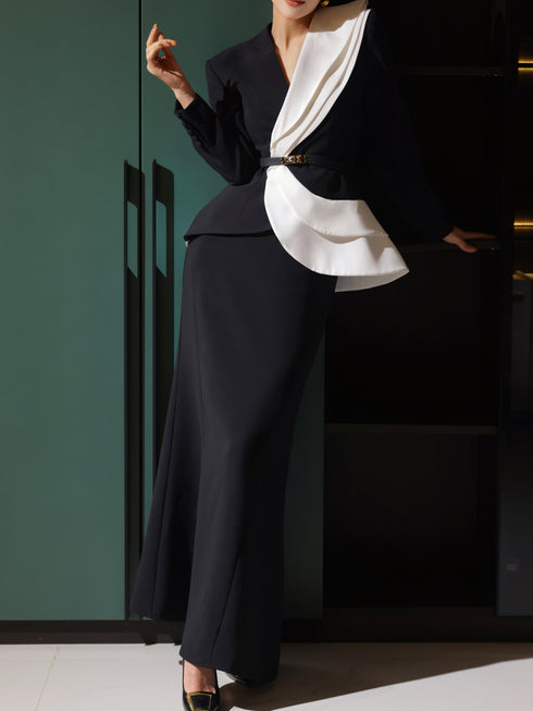 Contrast Ruffle Draped Blazer & High-Waist Maxi Skirt Set – Sculpted Waist Elegant Suit Ensemble
