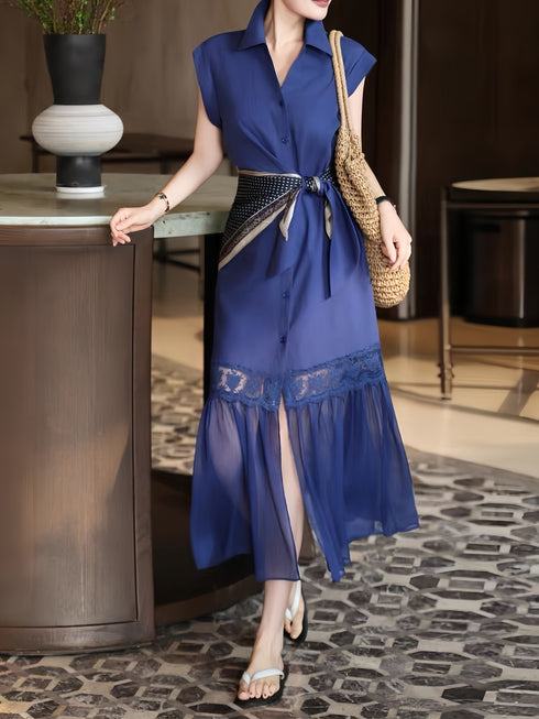 French Elegant Tie-Waist Shirt Dress – Lace Hem Midi Mermaid Dress with Scarf Detail