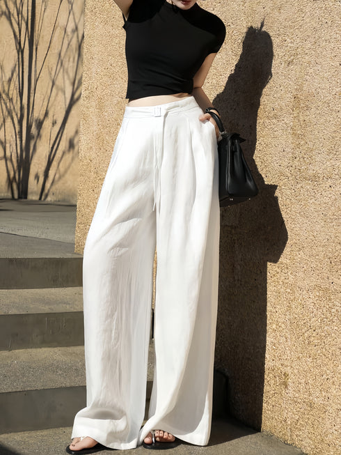 High-Waisted Linen Wide-Leg Trousers – Elegant White Relaxed Tailored Summer Pants