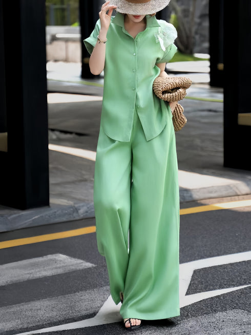 Luxury Linen Two-Piece Set – 3D Floral Appliqué Shirt & Wide-Leg Pants Resort Ensemble