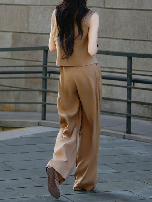 Old Money 100% Linen Vest & Wide-Leg Trousers Set – Coffee Brown Tailored Two‑Piece Outfit
