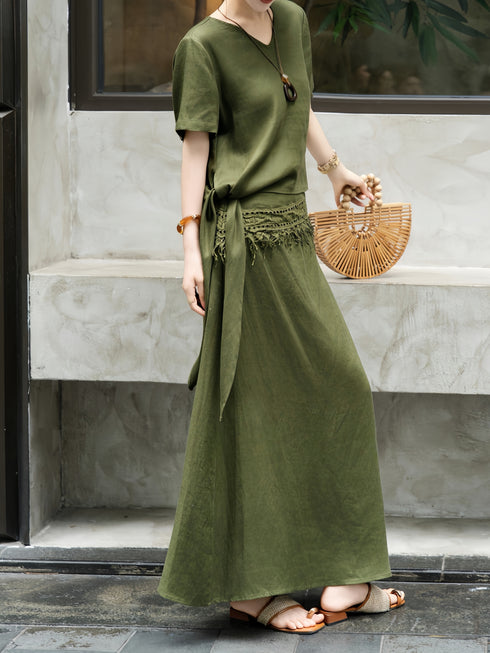 100% Linen Embroidered Lace Two‑Piece Set – Summer Side‑Tie Top and Maxi Skirt