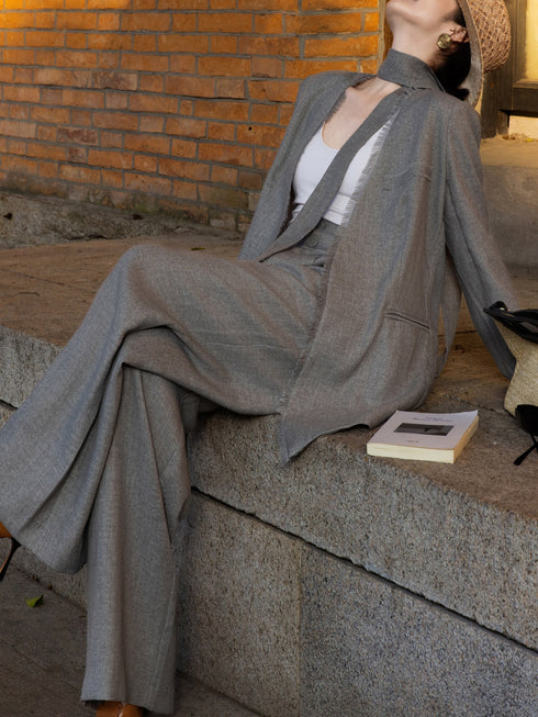 Old Money Style Grey Linen Suit Set – Luxury Minimalist Blazer & Wide-Leg Trousers Two‑Piece