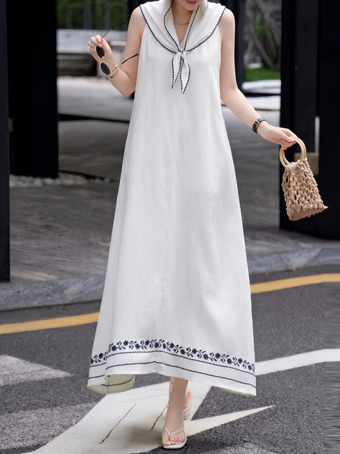 Linen Embroidered Halter Maxi Dress – Scarf Tie Neck Resort Vacation Dress