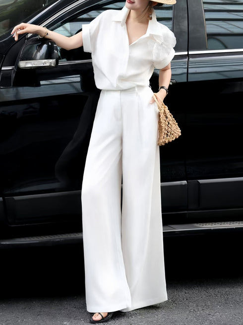 Luxury Linen Two-Piece Set – 3D Floral Appliqué Shirt & Wide-Leg Pants Resort Ensemble