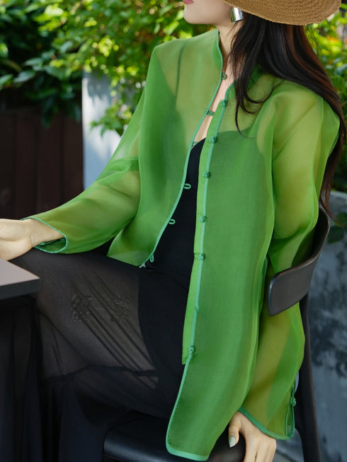 100% Mulberry Silk Sheer Mandarin Collar Sun-Protective Blouse – Lightweight Summer Layer