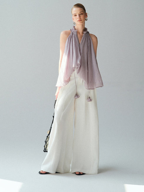 Urban Intellect Linen-Blend Double-Pleated Wide-Leg Trousers with Striped Silk Scarf