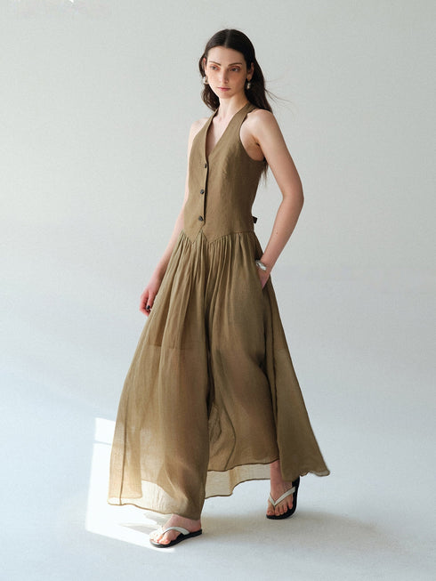Pure Linen Slub-Texture Halter Waistcoat Maxi Dress – Old Money Summer Statement Dress
