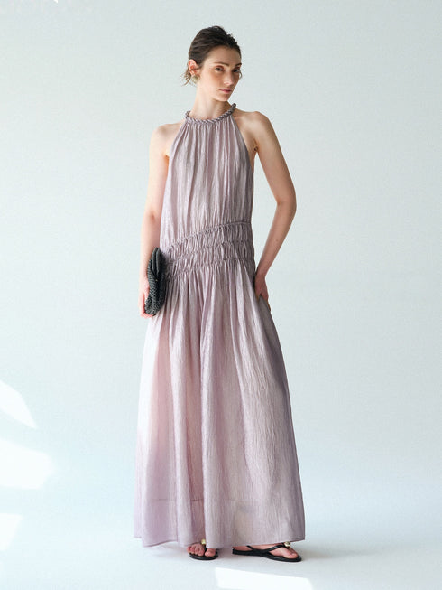 Pearlescent Acetate Braided Halter Maxi Dress – Hand-Smoked Sleeveless Resort Gown